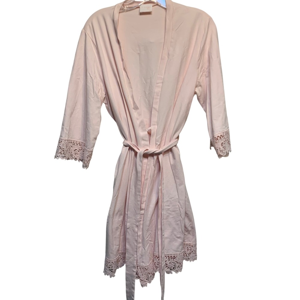 Le Rose Stories Robe S/M Pink Lace Trim Wrap Belted Bridal Spa Elegant Classic